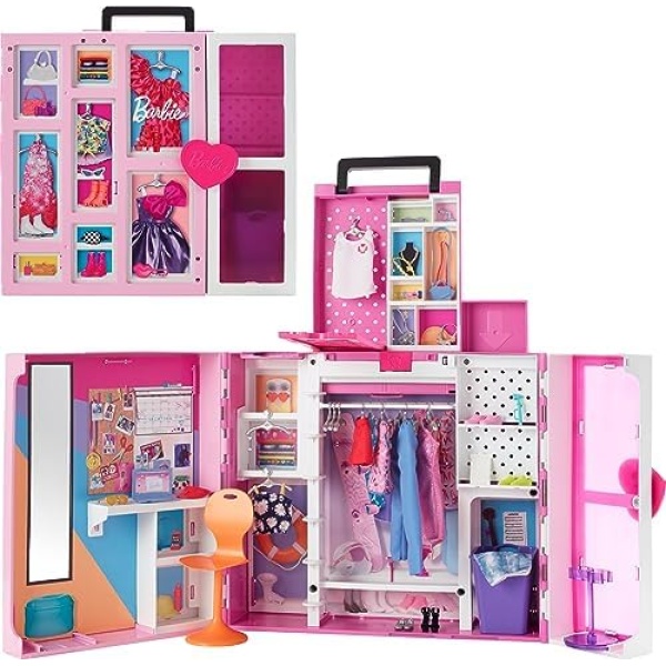 Barbie Dream Closet Playset, 35+ Clothes & Accessories Including 5 Complete Looks, Pop-Up Second Level, Mirror & Laundry Chute