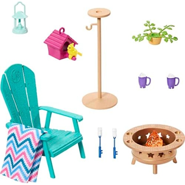 Barbie Furniture and Accessories, Doll House Decor Set with Backyard Patio, Bonfire, Birdfeeder and Birdhouse