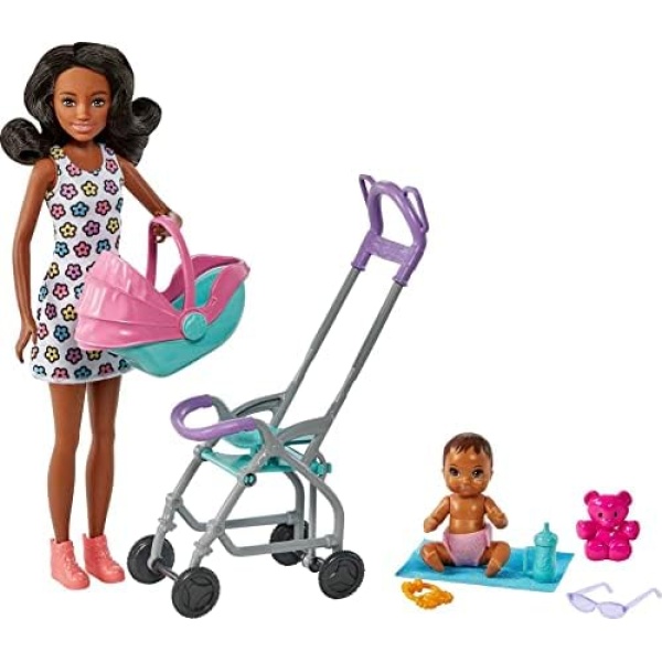 Barbie Skipper Babysitters Inc Playset with Brunette Doll, Stroller, Baby Doll & 5 Accessories, Remove Stroller Seat for Carrier