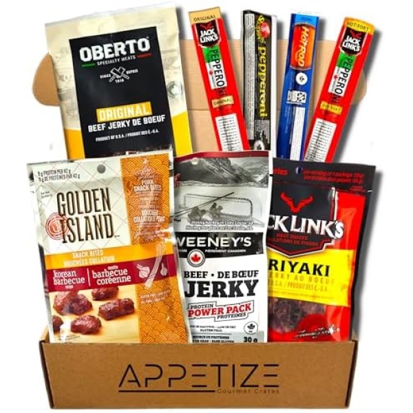 Beef Jerky And Pepperoni Stick Gift For Men Snack Box - Birthday Gifts For Men Meat Gift Basket - Fathers Day Gift Basket - Gift Basket For Men - Meat Box Food Gift - (Mailer Box Version)