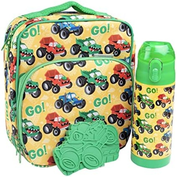 Bentology Kids Lunch Bag Set Green Monster Truck- Thick Padded, Insulated Tote, Reusable Hard Ice Pack & Insulated Stainless Steel Water Bottle- Keeps Lunch Fresh Longer, Back to School Lunchbox Kits