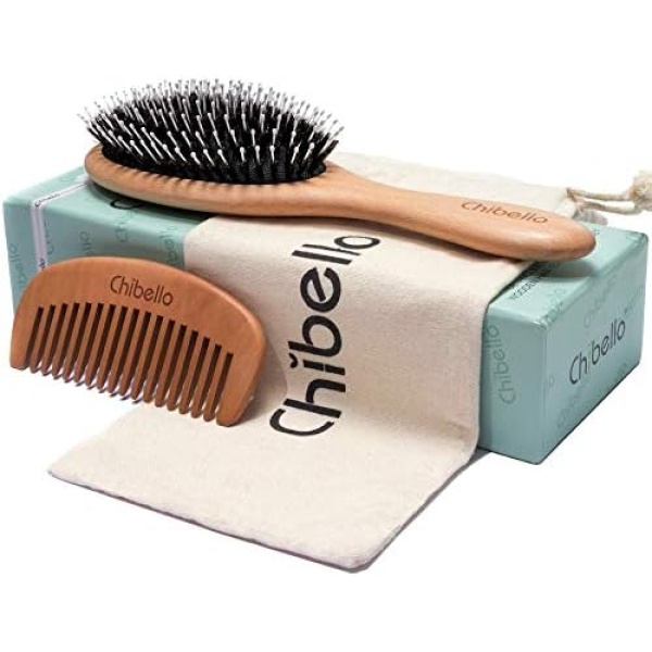 Boar Bristle Hair Brush Set for Thick and Normal Hair. Hand Polished Natural Wood Handle for a Refined Look and Feel. Restore Healthy Shine, Improve Growth, Reduce Breakage