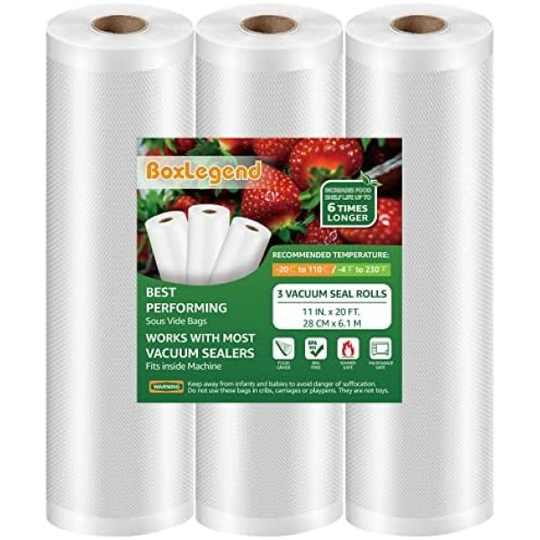 BoxLegend 11" x 20' 3 Rolls Vacuum Sealer Bags for Food Saver Seal a Meal Fits inside Machine Commercial Food Saver Bags BPA Free Sous Vide Bags Heavy Duty Vac Seal Storage Bags