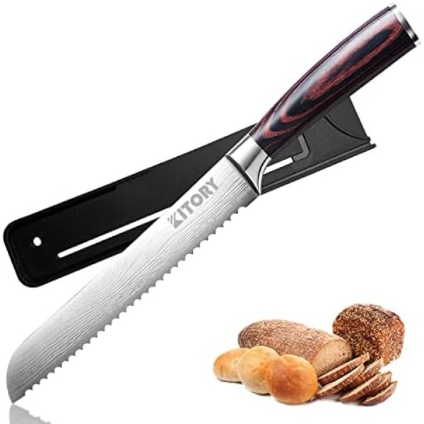 Bread Knife with Cover - KITORY Ultra Sharp Serrated Knife 8 Inch Wavy Edge, Cake Slicer, Bakery Slicing Cutter for All Types of Bread - German Stainless Steel - Damascus Pattern with Ergonomic Handle