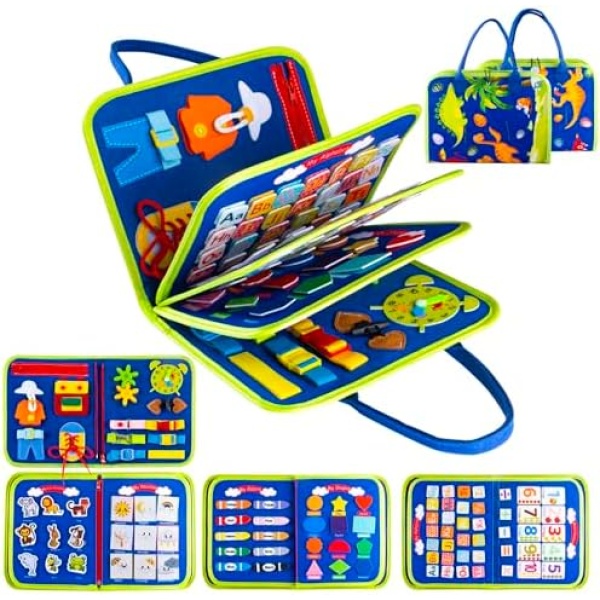 Busy Board for Toddlers Boys Girls, Sensory Board with Buckles Educational Activities for Learning Fine Motor Skills, Montessori Toys Gifts for 3+ Year Old Kids, Travel Toys for Airplane Car