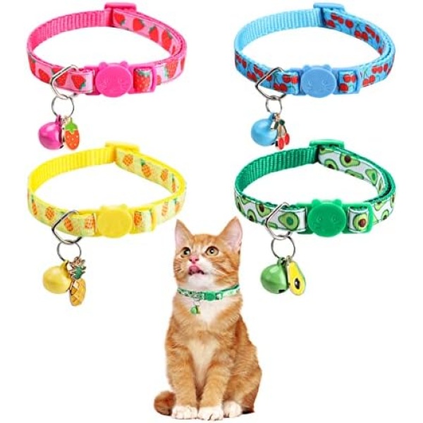 Cat Collar with with Safety Buckle and Collar Bell, 4Pack Fruit Breakaway Cat Collars Adjustable Pineapple, Cherry, Lemon, Avocado Fruit Print Cat Safety Collar for Cute Pet Kitten Puppy(19-32cm)