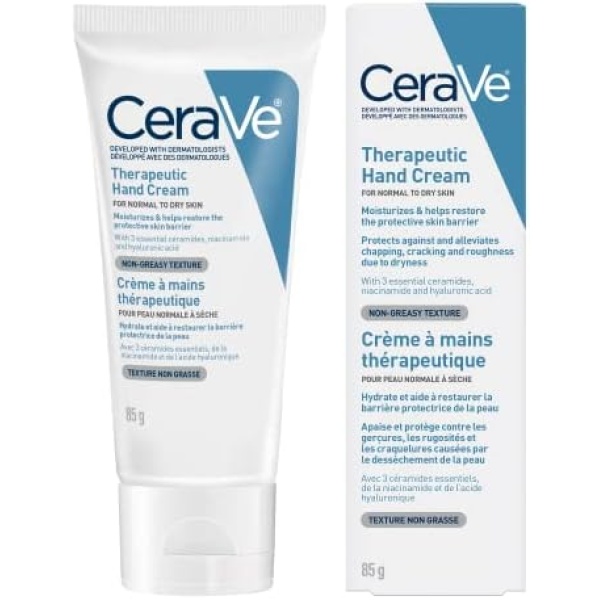 CeraVe Therapeutic Hand Cream, Daily Moisturizing Fragrance-Free Cream for Dry Skin and Dry Cracked Hands with Hyaluronic Acid and Niacinamide, 85 Grams