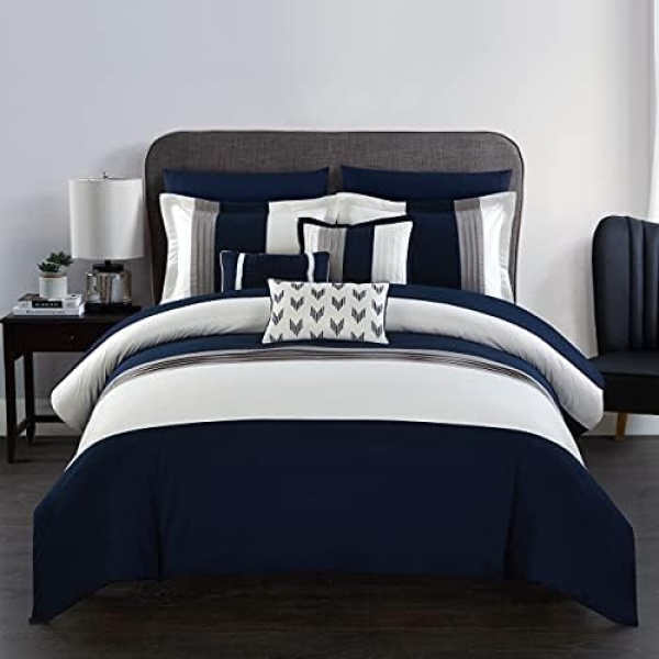 Chic Home Ayelet 10 Piece Comforter Set Color Block Ruffled Bag Bedding, Queen, Navy