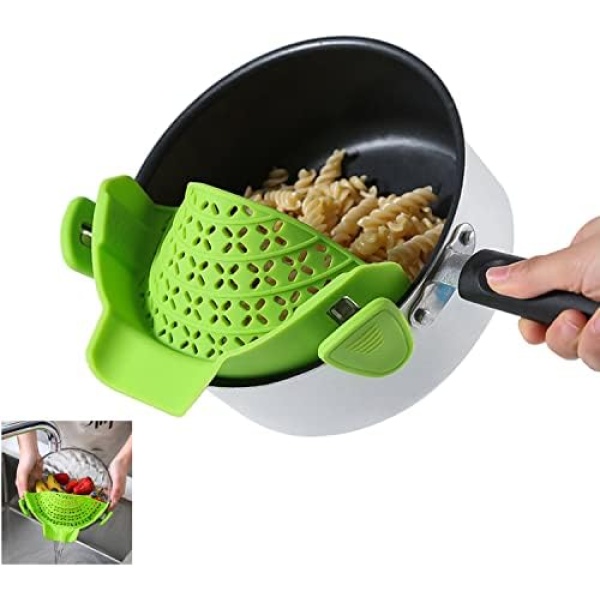 Clip on Strainer, Pasta Strainers, Amorbase Adjustable Silicone Snap Colander Kitchen Gadgets for All Pots Pans Bowls, Draining Noodles Greace - Green