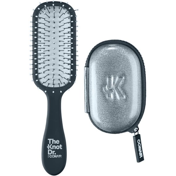 Conair The Knot Dr. Pro Mini Detangling Brush With Flexalite Bristles And Metallic Case For Women, Men All Hair Types-Lengths Wet To Dry (64427C), Silver