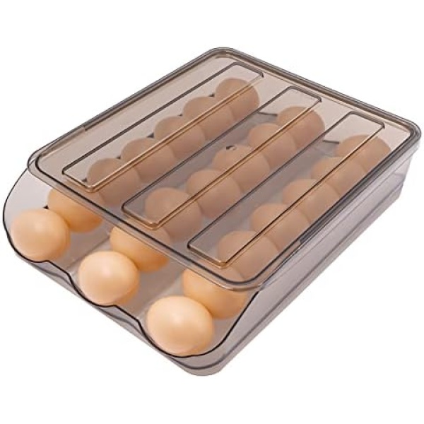 Egg Holder for Refrigerator, Large Capacity Egg Storage Box Brown Transparent Drawer, Stackable Auto Scrolling Egg Tray Fridge Organizer for Household (1 Layer)