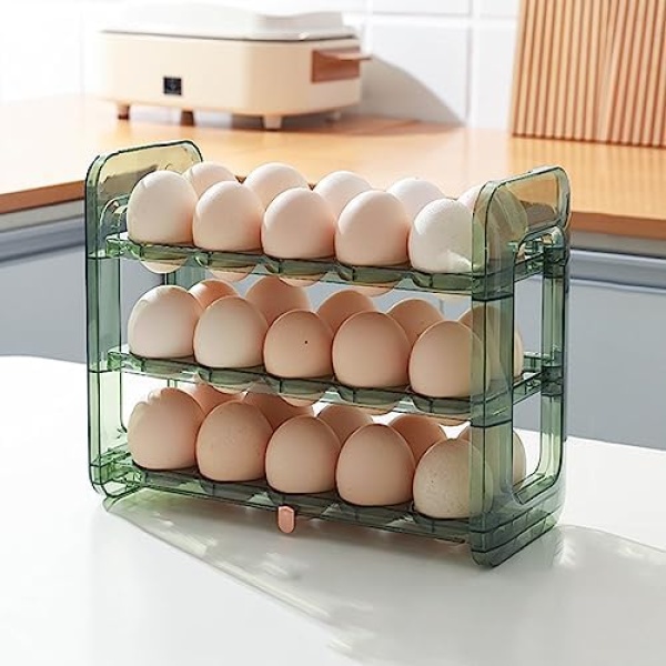 Egg Storage for Fridge, Rolling Egg Holder Fridge Organizers 3 Layer Large Capacity Fresh Egg Dispenser (30 Eggs Green)