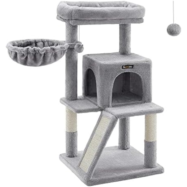 FEANDREA Cat Tree, Multi-Level Cat Tower with Widened Perch for Large Cats Indoor, Kittens, Cat Condo with Scratching Posts and Ramp, Light Gray UPCT51W