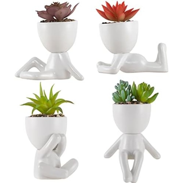 Fake Succulents Plants Decor, 4 Pcs Cute Artificial Succulent in Pot Assorted Life-Like Mini Artificial Greenery Fake Plants for Desk, Office, Living Room, Bathroom, Bedroom, Home Decor (White-4 Pots)