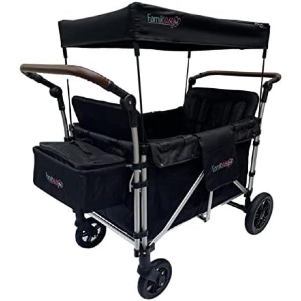 Famileasy 4 Seat Stroller Wagon, 2 Benches Above a footwell for Upright Seating, boasts Four 5-Point Safety Harnesses, Foldable, Easy Transport. (Black)