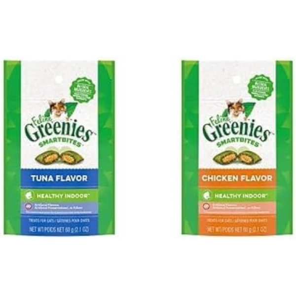 Feline GREENIES Cat Treats SMARTBITES Healthy Indoor Natural Dental Care, Tuna Flavour, 2.1oz Pouch and Chicken Flavour, 2.1oz Pou