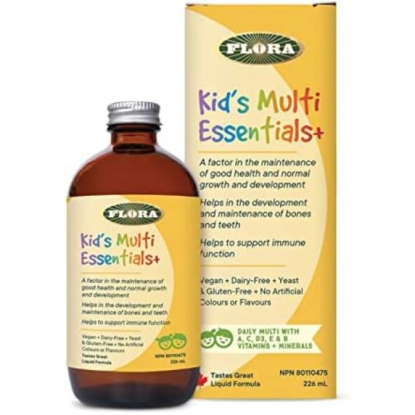 Flora - Kid’s Multi Essentials+, Liquid Multivitamin Formula for Easy Absorption, 13 Essential Vitamins & Minerals, 226 mL Liquid Glass Bottle