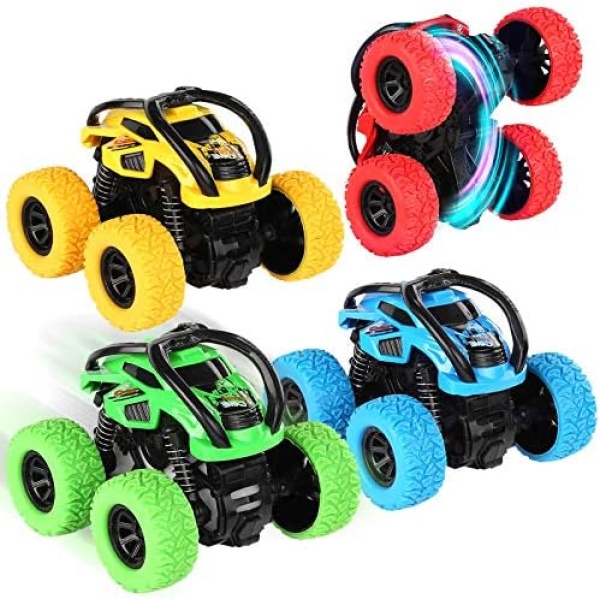 Friction Powered Monster Trucks for Boys Girls, 4WD Push and Go Inertia Cars Toy for Toddlers, 360 Degree Rotation Pull Back Vehicle for Kids Ages 3-8 Year Old Christmas Birthday Party Gift (4 Pack)