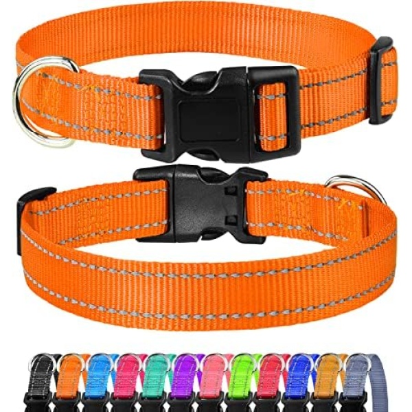 FunTags Reflective Dog Collar, Sturdy Nylon Collars for Large Girl and Boy Dogs, Adjustable Dog Collar with Quick Release Buckle, Orange