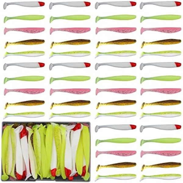 Funzhan 50Pcs Soft Lures Swimbaits Fishing Bass Plastic Paddle Tail Luya Bait Portable Box Proven Colors for Trout Salmon Redfish Freshwater Saltwater