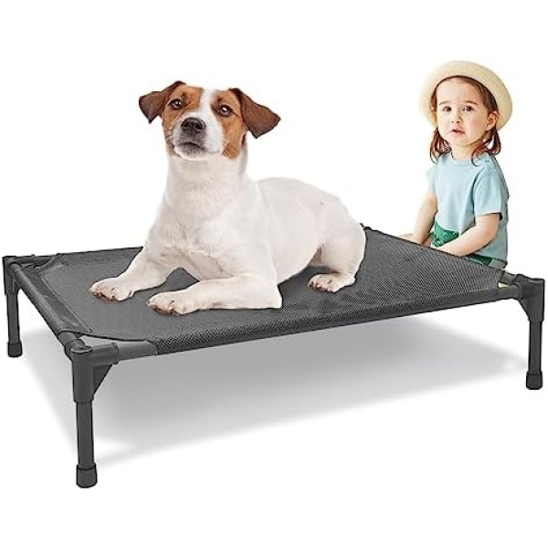 GOLOPET Elevated Outdoor Dog Bed Medium 32x25x8in Raised Dog Bed Summer Waterproof Dog Cot Bed Breathable Teslin Mesh, Durable, Non-Slip, Portable Dog Camping Bed Maximum Weight Capacity 80 lbs. Black