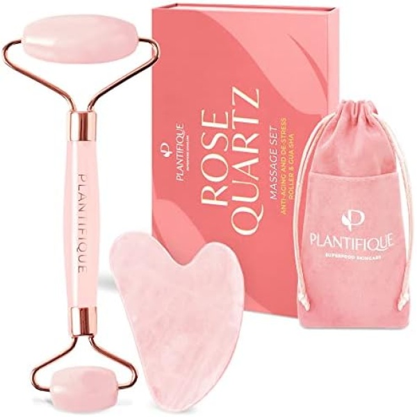 Genuine Rose Quartz Face Roller and Gua Sha Stone Set - Anti Aging Rose Quartz Face Roller and Gua Sha Facial Tools for Face, Eyes, Neck - Face Massager Beauty Skin Care Products by Plantifique