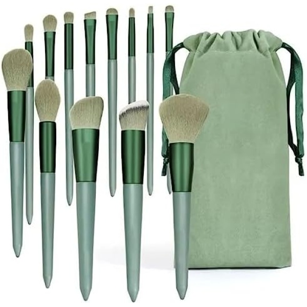 Green Kabuki Brush Set - 13 Premium Synthetic Makeup Brushes for Eyes, Face & Blush with Travel Bag Compatible. Ideal for Eyeshadow, Eyeliner, Powder & Blending. Cosmetic Tool Kit for Flawless Makeup