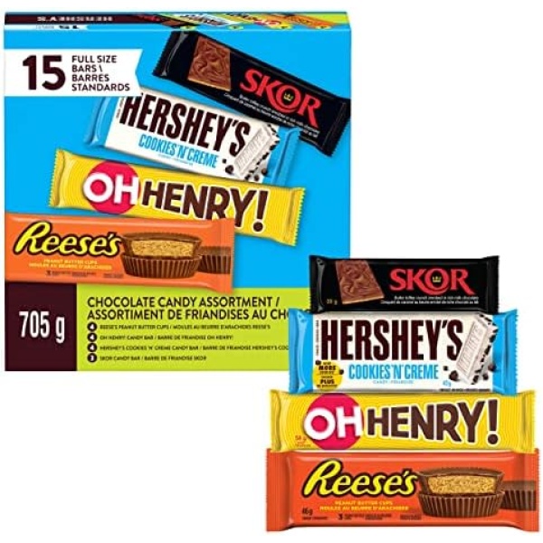 HERSHEY'S Full-Size Chocolate Bars - Halloween Chocolate Candy, Halloween Candy Bulk, Halloween Candy, Assorted Chocolate w/ Reese, Oh Henry, Hershey's Cookies n' Creme, & SKOR, Bulk Chocolate - 15 Bars, 705g