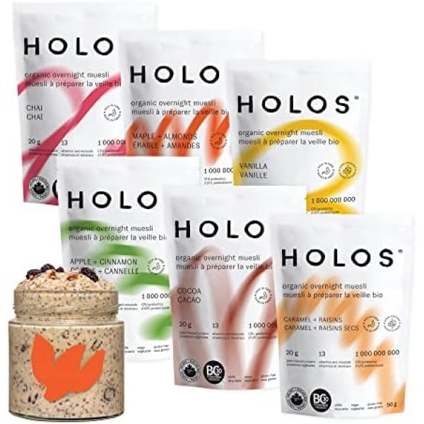 HOLOS Organic Overnight Muesli - Variety Pack (12 meals) Muesli Cereal - Organic, Vegan, 20g Plant Proteins, Gluten Free, High Fiber, Probiotics, Vitamins & Minerals (90g bag)