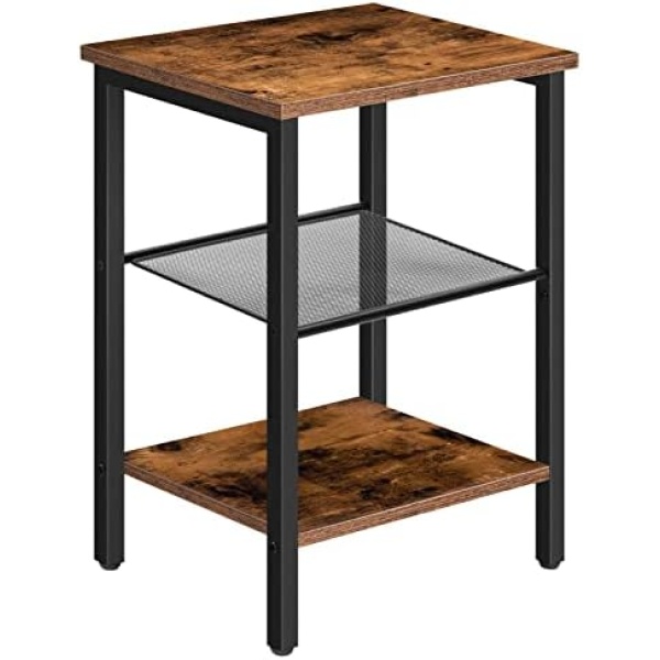 HOOBRO Nightstands Set of 2, 3-Tier Side Table with Adjustable Shelf, Industrial End Table for Small Space in Living Room, Bedroom and Balcony, Stable Metal Frame, Rustic Brown BF12BZ01