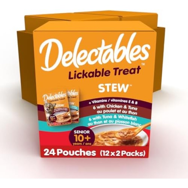 Hartz Delectables Stew Senior 10+ Lickable Wet Cat Treats, Variety Flavour 24 Pack