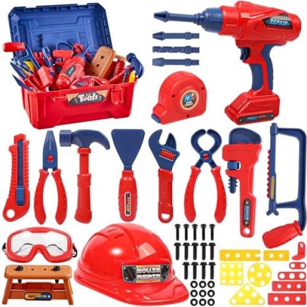 Hydeem Kids Tool Set, 53 Pcs Toddler Tool Kit with Tool Box & Electronic Toy Drill, Pretend Play Construction Toy for Boys Girls 3 4 5 6 Years Old, Birthday