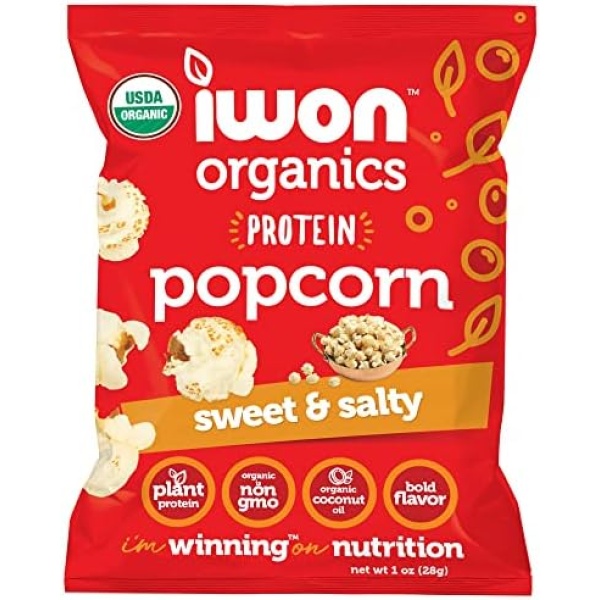 IWON Organics Protein Popcorn, Sweet and Salty Flavor, Organic Healthy Snacks, 8-Pack, 1 Oz  Bags