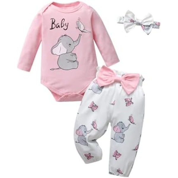 Infant Baby Girl Clothes Newborn Elephant Baby Print Outfits Long Sleeve Romper Pants Headband Set