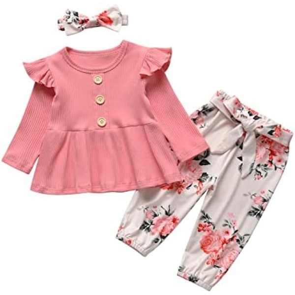 Infant Baby Girl Clothes Outfits Long Sleeve Tops Ruffle Floral Pants Headband 3pcs Set