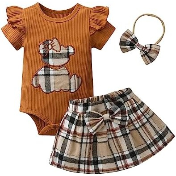 Infant Baby Girl Clothes Outfits Ruffle Short Sleeve Bear Embroidered Pattern Romper Plaid Skirt Headband 3pcs Outfits Set