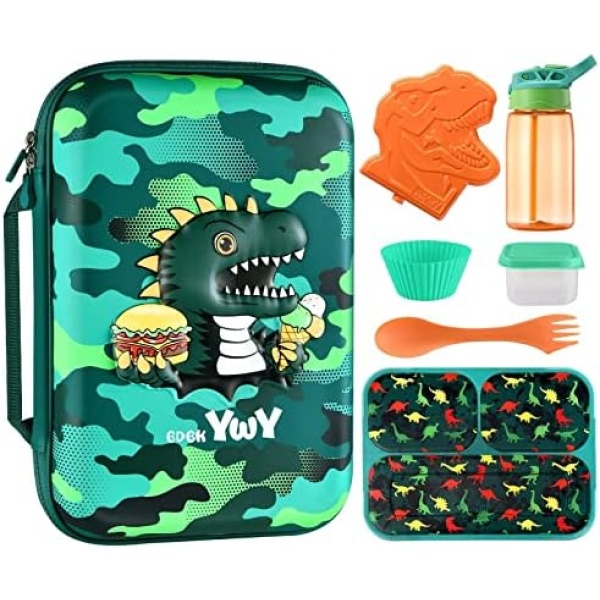 Kids lunch box bag set - 3D Dinosaur Lunch Bag for Boys with Containers Reusable Complete Lunch Kit Included 3-Compartment Lunchbox Leakproof Insulated Lunch Bag Sets for Toddler School Lunch Supplies