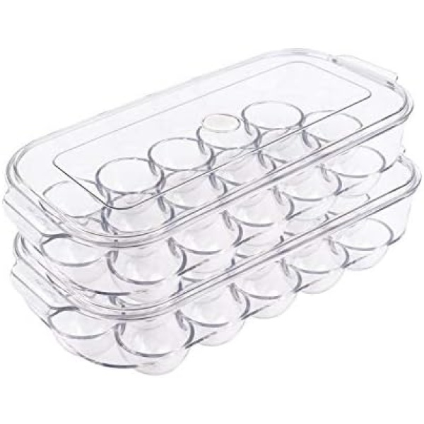 KisSealed 2 Set Refrigerator Egg Holder Stackable Egg Storage Box Coverd Egg Tray Plastic Clear Egg Organizer Container Bins Egg Storage Cartons with Lid- 32 Egg Grooves