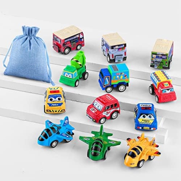 LEEFE 12pcs Mini Cars Pull Back and Go Classic Construction Team Vehicles Set, Cake Decoration Plastic Model Toy Sets, Vehicle Play for 3 Year Old Kids Random Design Video Display