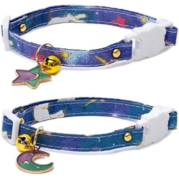 LTI&LWI 2 Pack Star Cotton Breakaway Cat Collars with Bell Egg Cat Paw Pendant Kitty Kitten Collars Yellow Purple Collar for Female Girl Cats Male Boy Cats