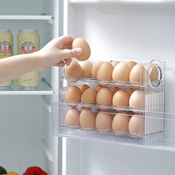 Large Capacity Egg Holder for Refrigerator, Egg Storage Box for Fridge, Clear Egg Container, Reusable Egg Organizer, for Refrigerator Door Space Saver, with Time counter (3-Layer Holds 30 Eggs)