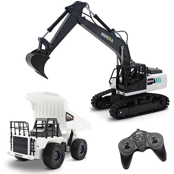 Losbenco 9 Channel Excavator and Dump Truck Remote Control Construction Toy with 2.4GHz for Boy Girl Kids, 1/24 Mini Metal RC Digger Vehicles Real Small Dumper Engineering Car Set for Sand Box Beach