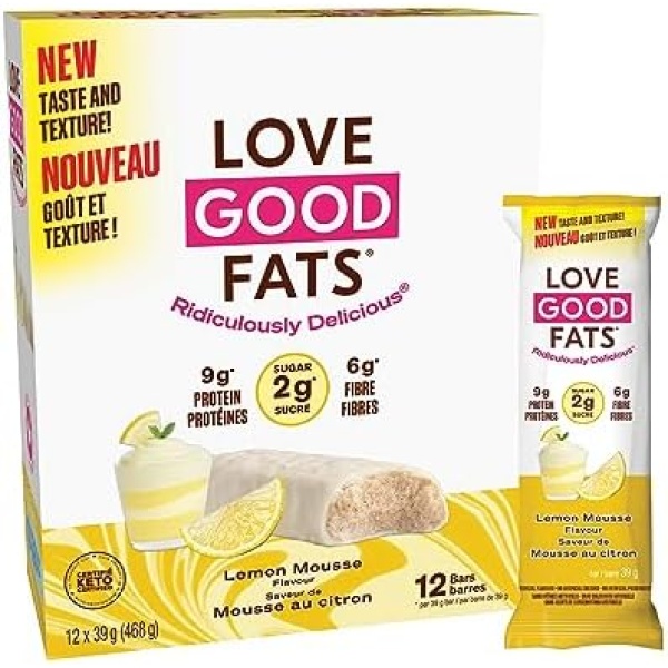 Love Good Fats Keto Protein Snack Bars - Truffle Lemon Mousse - 13g Good Fats, 9g Protein, 5g Net Carbs, 2g Sugar, Gluten-Free, Non GMO, 12 Pack