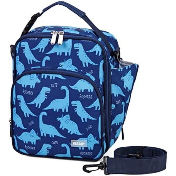 Lunch Bag for Kids,VASCHY Reusable Insulated Thermal Lunch Cooler Boxes Containers for Boys and Girls with Handle and Detachable Shoulder Strap Blue Dinosaur