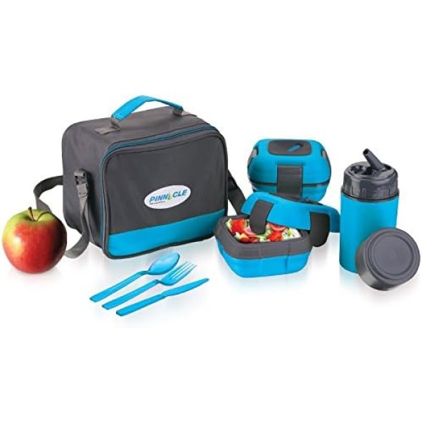 Lunch Box Bag Set for Adults and Kids ~ Pinnacle Insulated Leakproof Thermal Lunch KitLunch BagThermo bottle2 Lunch Containers with New Heat Release ValveMatching Cutlery - Blue