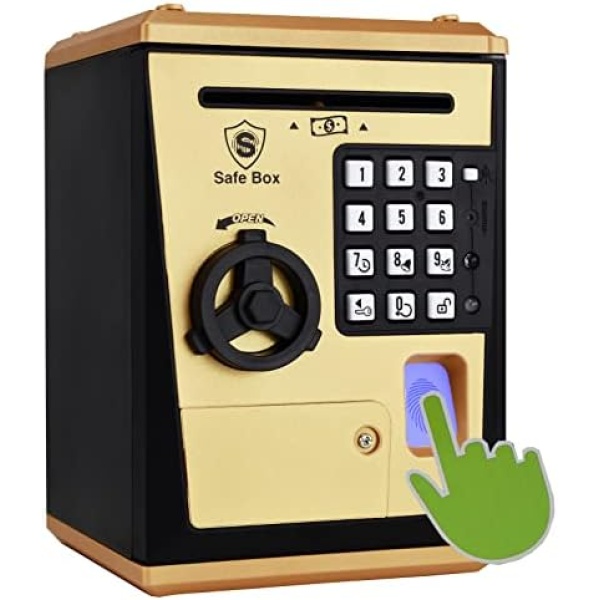 Lyght Mini ATM Savings Bank for Real Money, Electronic Voice Piggy Banks, Fingerprint Password, Kids Safe Box, Cool Stuff Gift for Boys and Girls Pink (Golden)