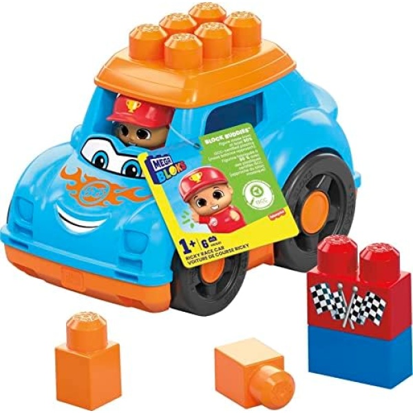 MEGA BLOKS Fisher Price Toddler Building Blocks Toy Car, Ricky Race Car with 6 Pieces and Storage, 1 Figure, Blue, Gift Ideas for Kids