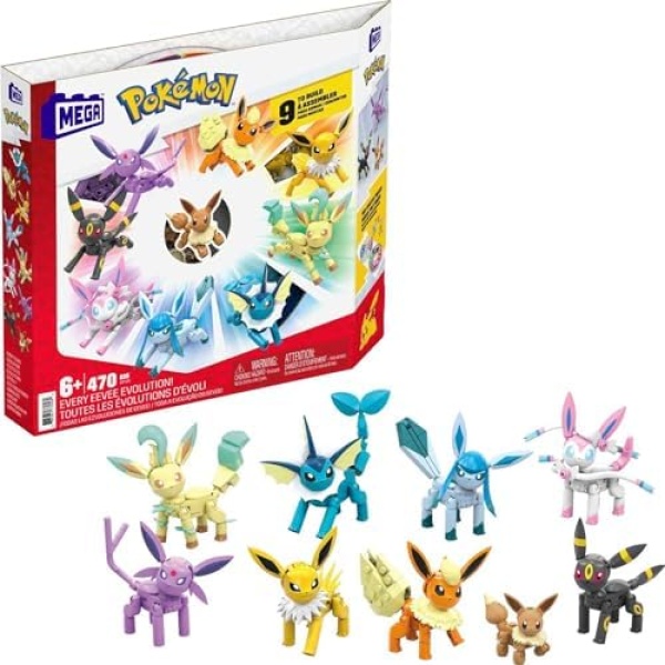 MEGA Pokémon Action Figure Building Toys for Kids, Every Eevee Evolution with 470 Pieces, 9 Poseable Characters, Gift Idea