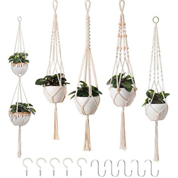 Macrame Plant Hangers, Hanging Planters for Indoor Outdoor Home Decor, with 5 Hooks, 5 Legs, 5 Style, Handmade Hanging Plant Holder