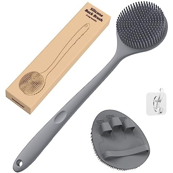 ManmiHealth Silicone Back Scrubber(Thin Bristles) & Soft Bath Glove Set, Super-Cleaning Body Scrubber & Super-Lathering Shower Brush Combination, with a Free Hook. (Gray)